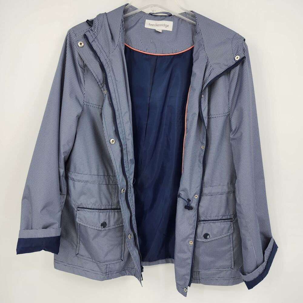 Breckenridge Women's Large Raincoat Blue White Check Hooded Full Zip Snap Jacket